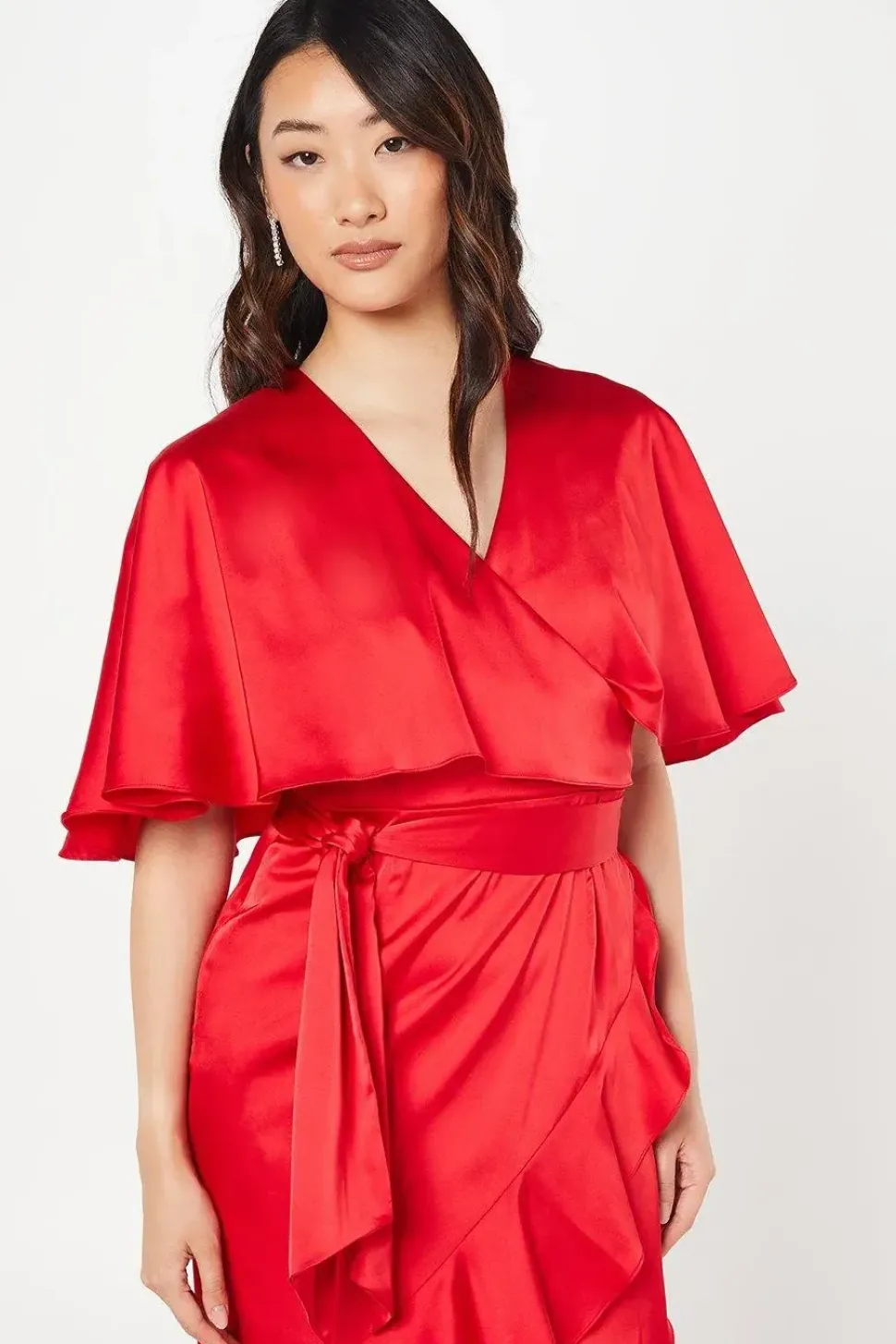 Satin Cape Ruffle Wrap Wedding Guest Dress