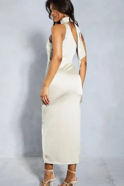 Satin Choker Scarf Asymmetric Split Leg Midi Dress