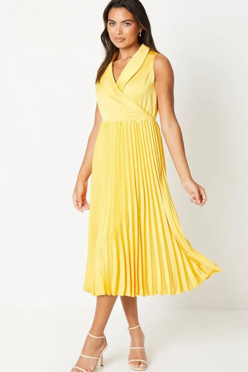 Satin Collared Midi Dress With Pleated Skirt