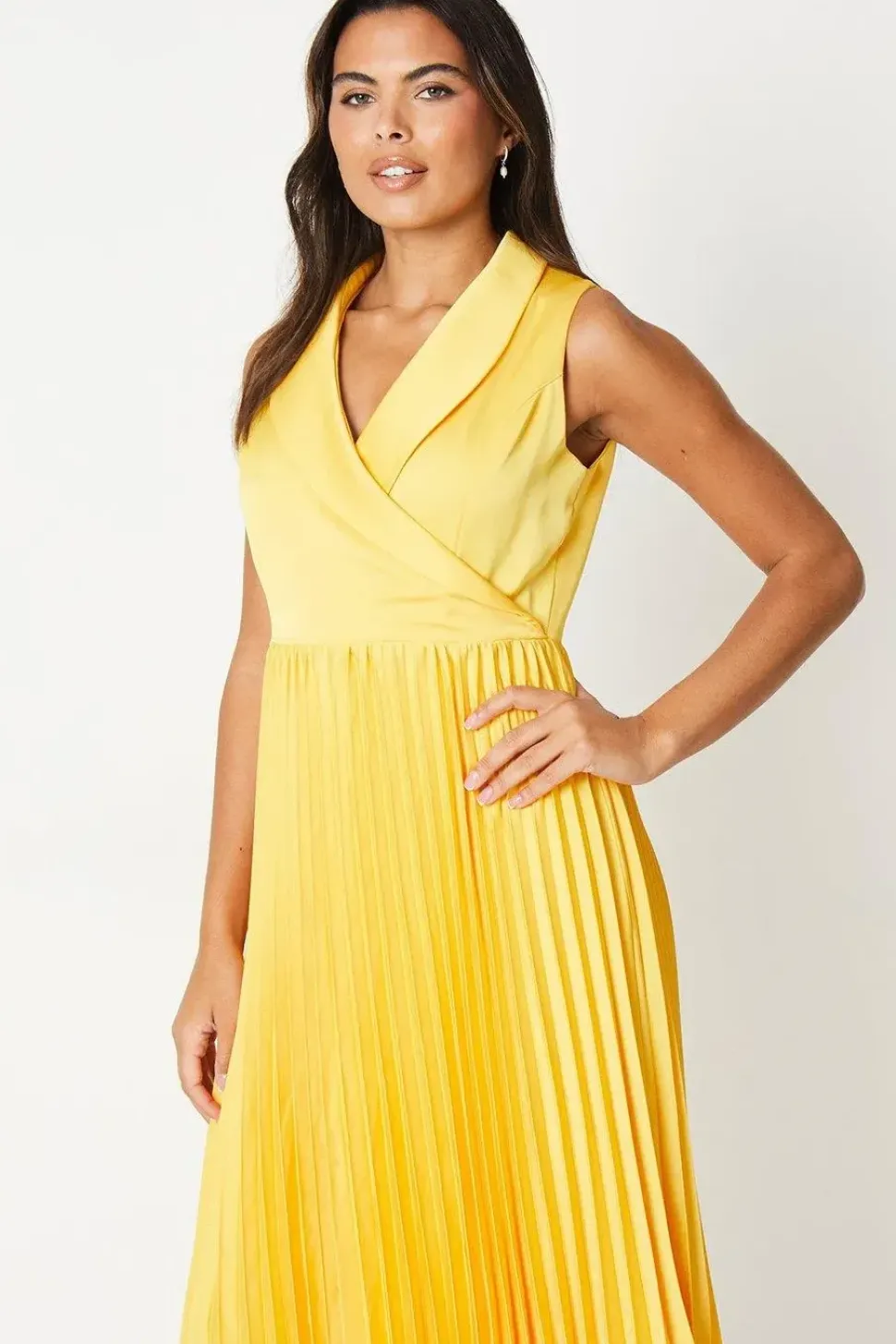 Satin Collared Midi Dress With Pleated Skirt