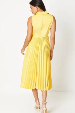 Satin Collared Midi Dress With Pleated Skirt