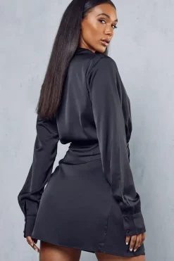 Satin Collared Wrap Mini Dress