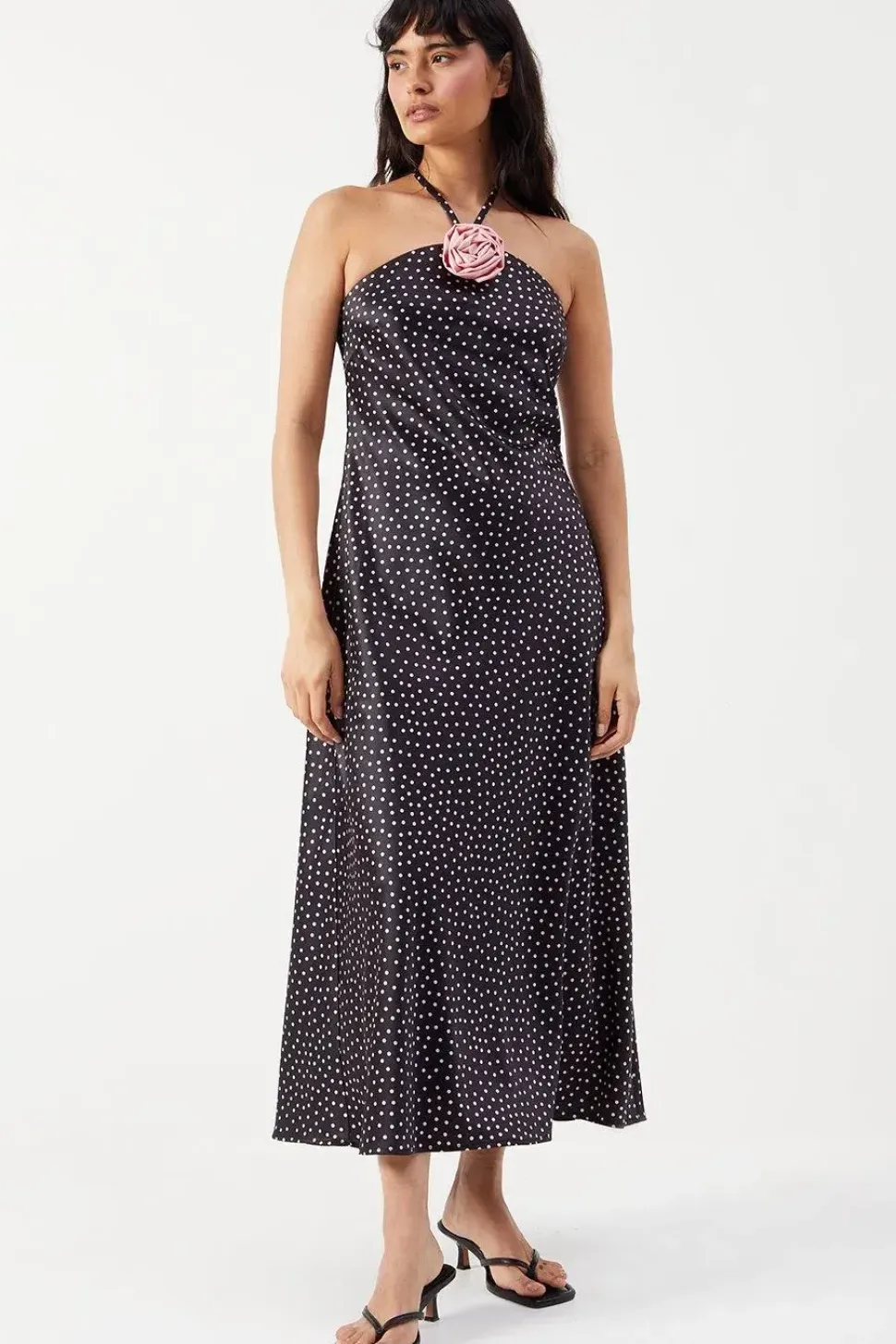 Satin Corsage Detail Bias Cut Midi Dress
