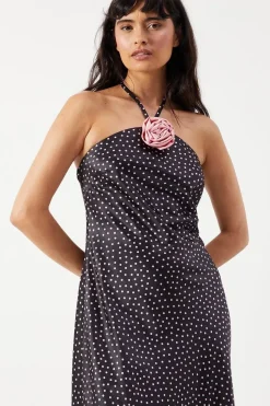Satin Corsage Detail Bias Cut Midi Dress