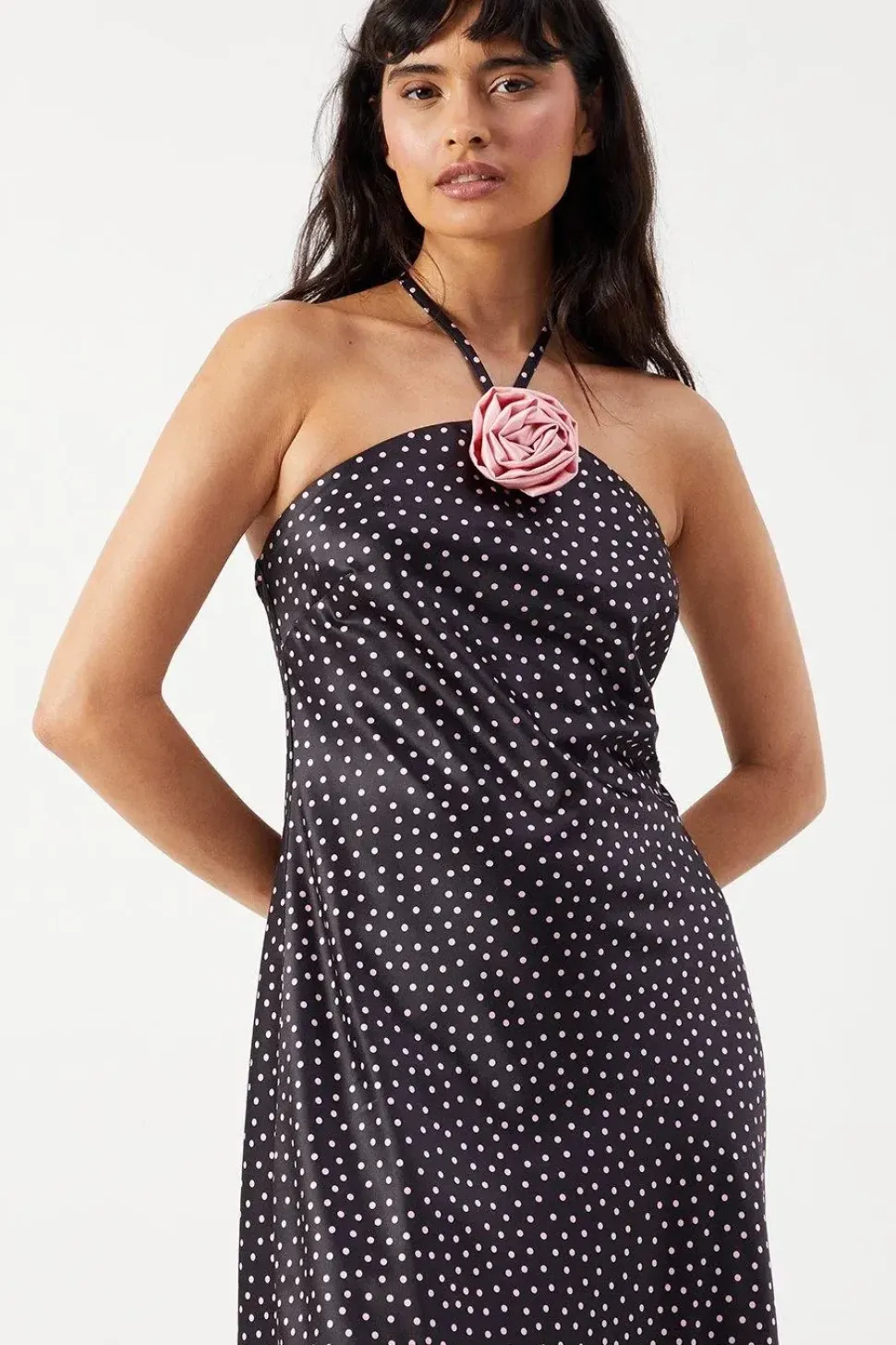 Satin Corsage Detail Bias Cut Midi Dress