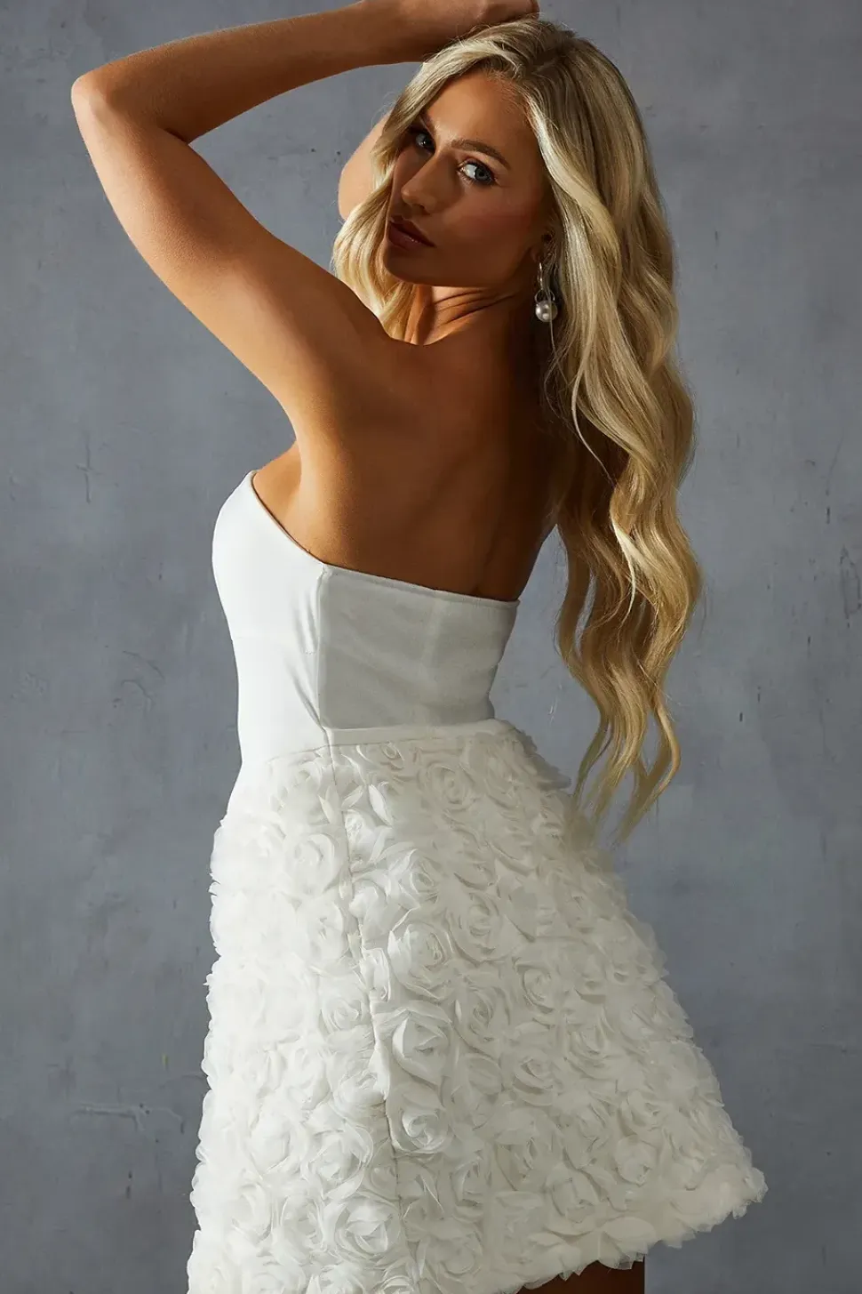 Satin Corseted Bandeau Floral Applique Skirt Mini Dress