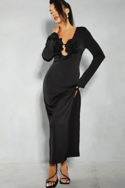 Satin Crinkle Sheer Floral Applique Plunge Maxi Dress
