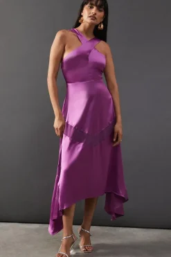 Satin Cross Front Chiffon Insert Hanky Hem Midi Dress