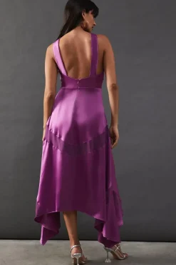 Satin Cross Front Chiffon Insert Hanky Hem Midi Dress