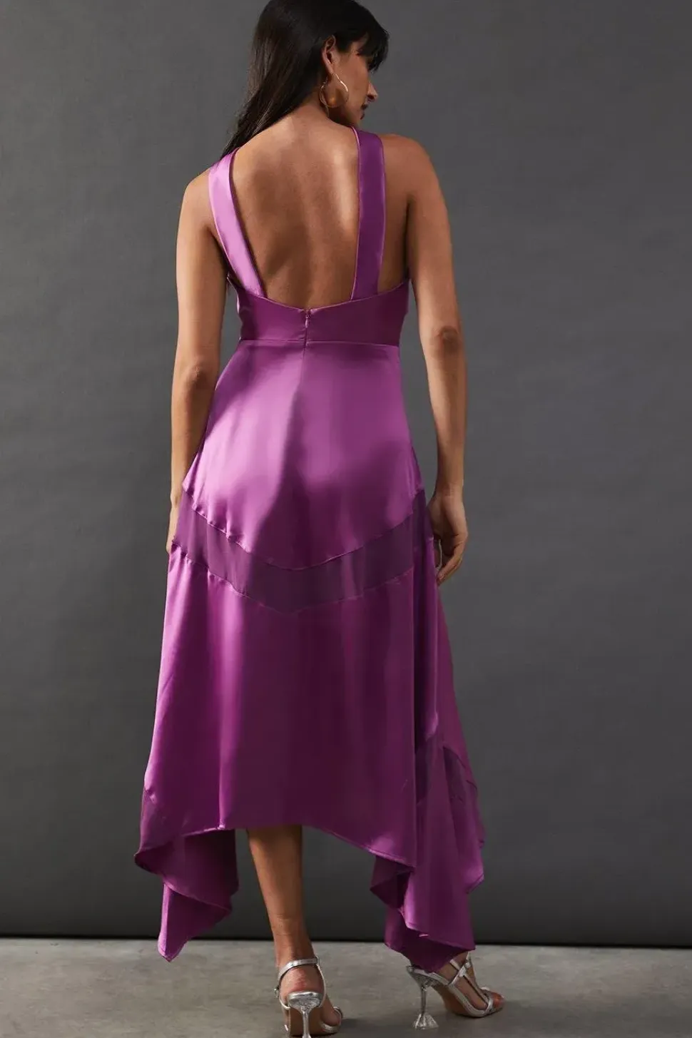 Satin Cross Front Chiffon Insert Hanky Hem Midi Dress