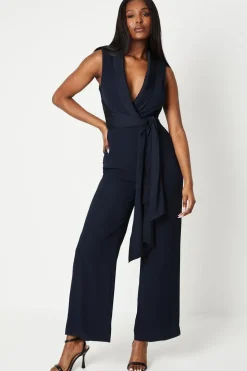 Satin Detail Wrap Bodice Tuxedo Jumpsuit
