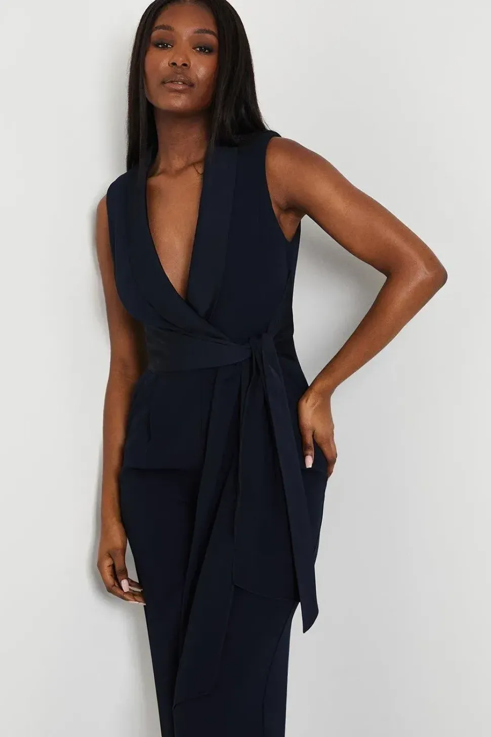 Satin Detail Wrap Bodice Tuxedo Jumpsuit