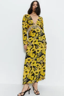 Satin Diamante Fringe Maxi Dress