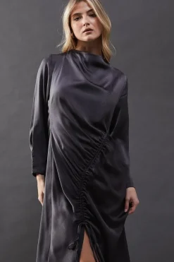 Satin Drawstring Detail Midi Dress
