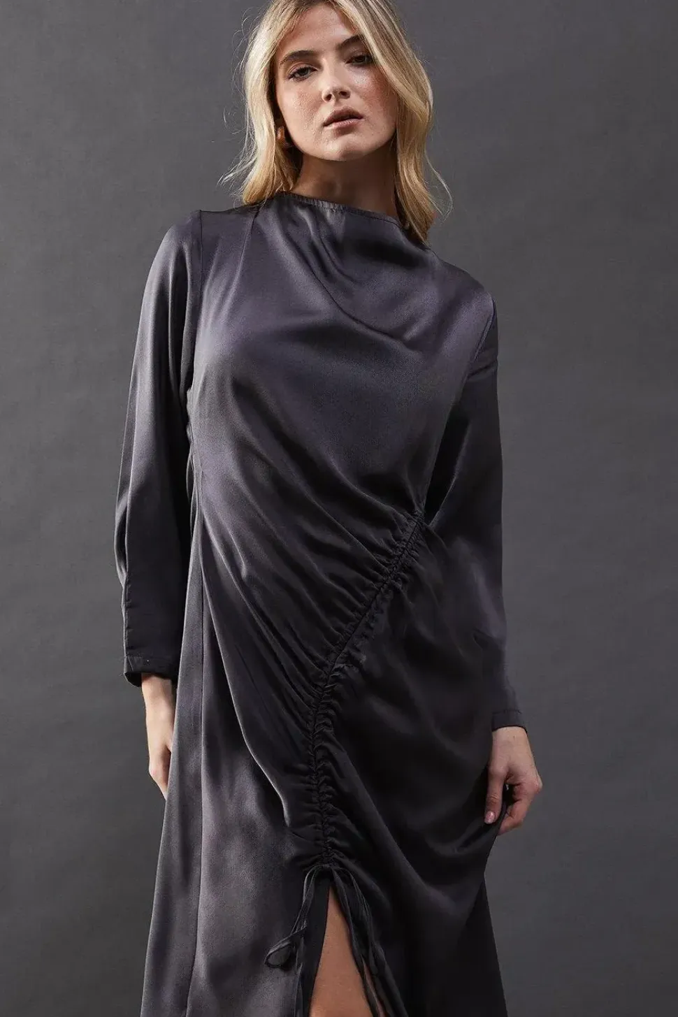 Satin Drawstring Detail Midi Dress