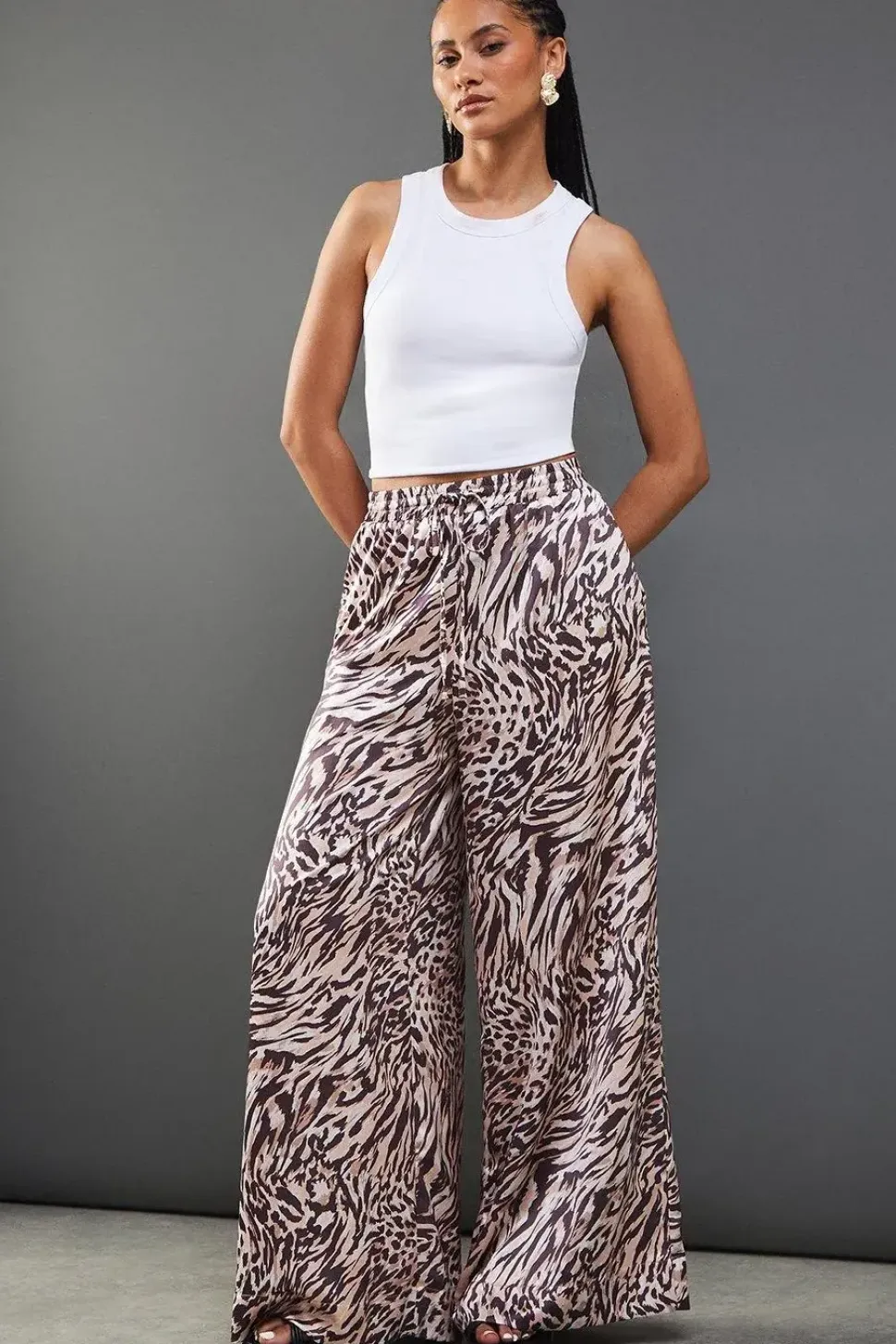 Satin Drawstring Waist Wide Leg Trouser