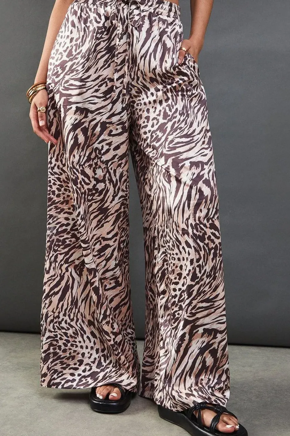 Satin Drawstring Waist Wide Leg Trouser