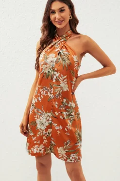 Satin Floral Print Halter Neck Mini Dress In Orange