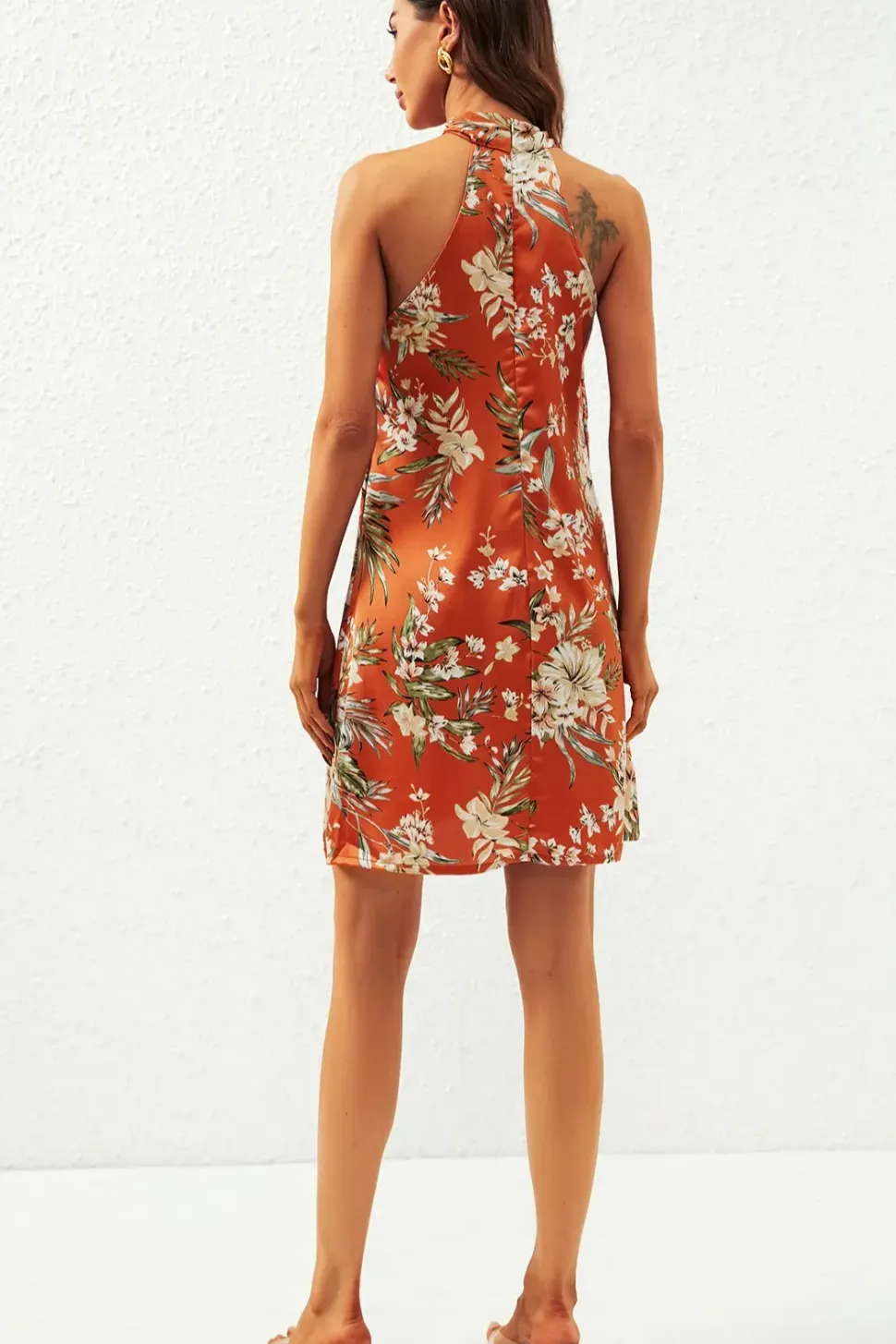 Satin Floral Print Halter Neck Mini Dress In Orange