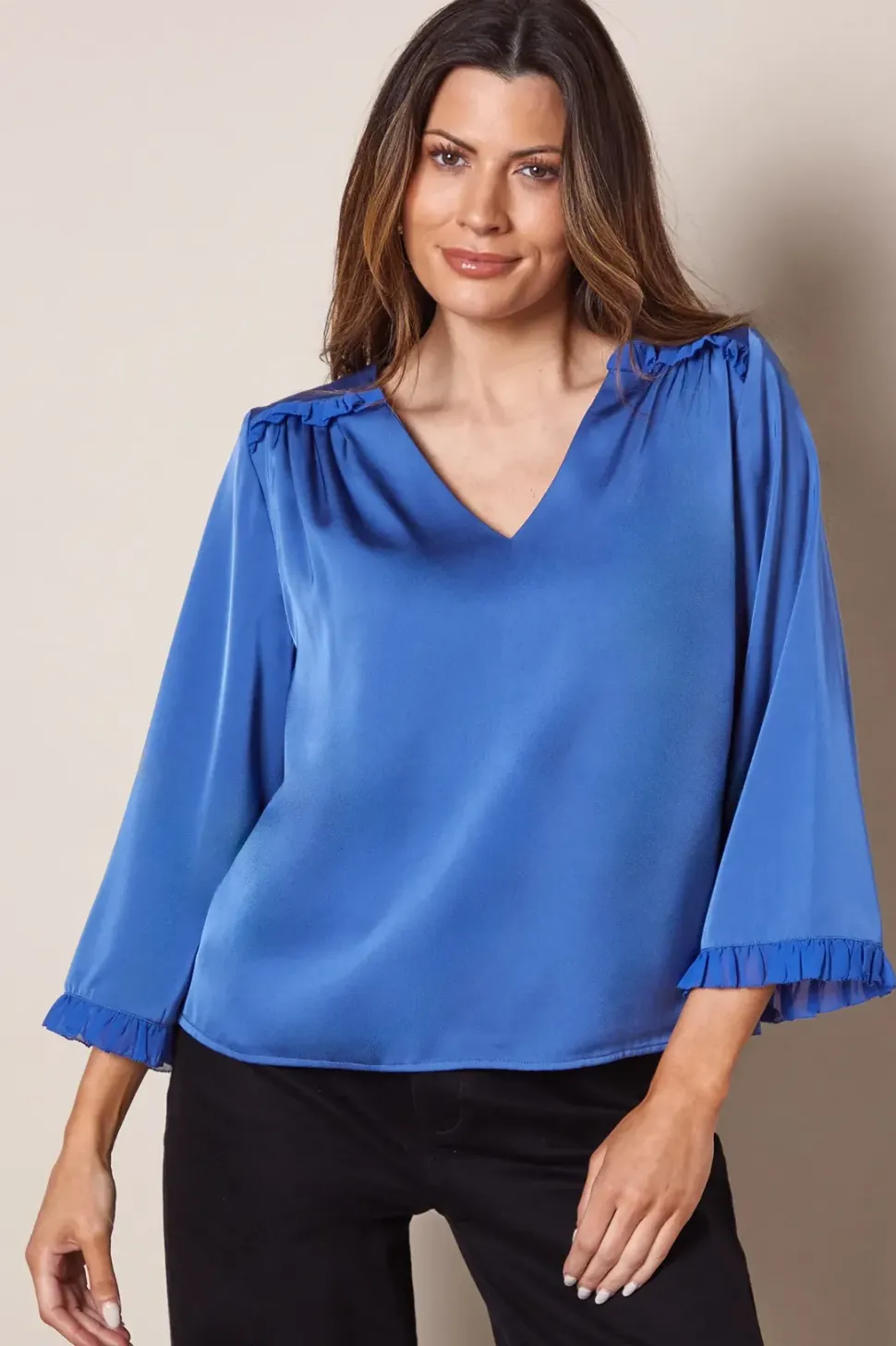 Satin Flute Sleeve Frill Detail Blouse