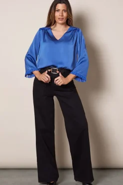 Satin Flute Sleeve Frill Detail Blouse