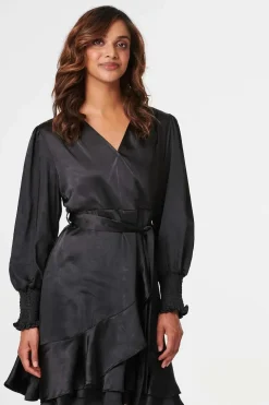 Satin Frill Detail Wrap Dress