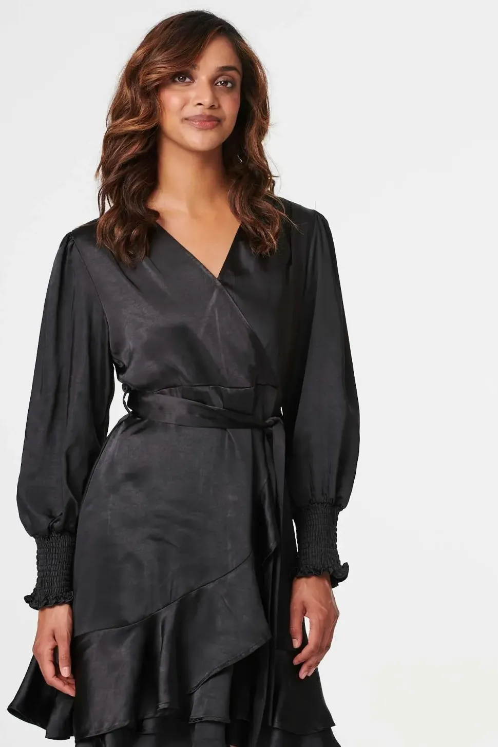 Satin Frill Detail Wrap Dress