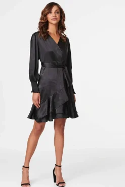 Satin Frill Detail Wrap Dress