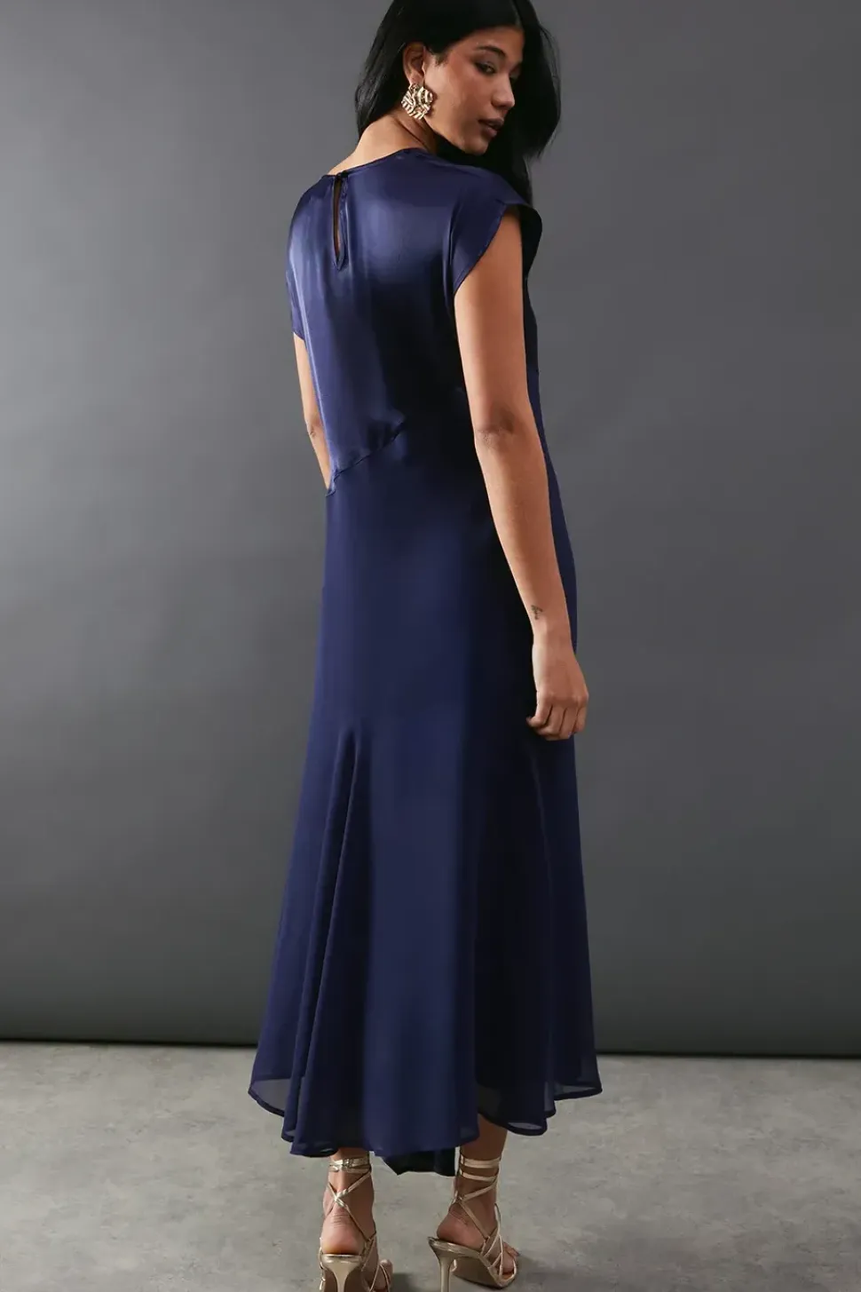 Satin Georgette Panelling Asymmetric Hem Midi Dress