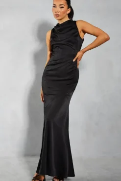 Satin Grown Neck Cut Out Back Fishtail Maxi Dress