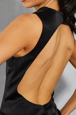 Satin Grown Neck Cut Out Back Fishtail Maxi Dress