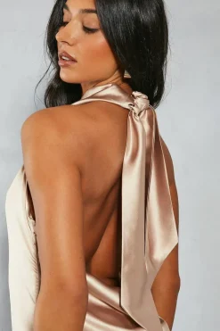 Satin Grown On Neck Halterneck Low Back Mini Slip Dress