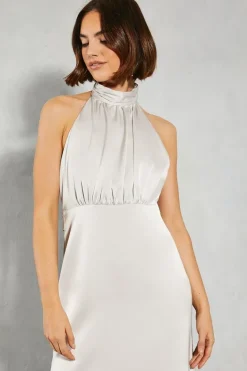 Satin Halter Bias Cut Maxi Bridesmaids Dress