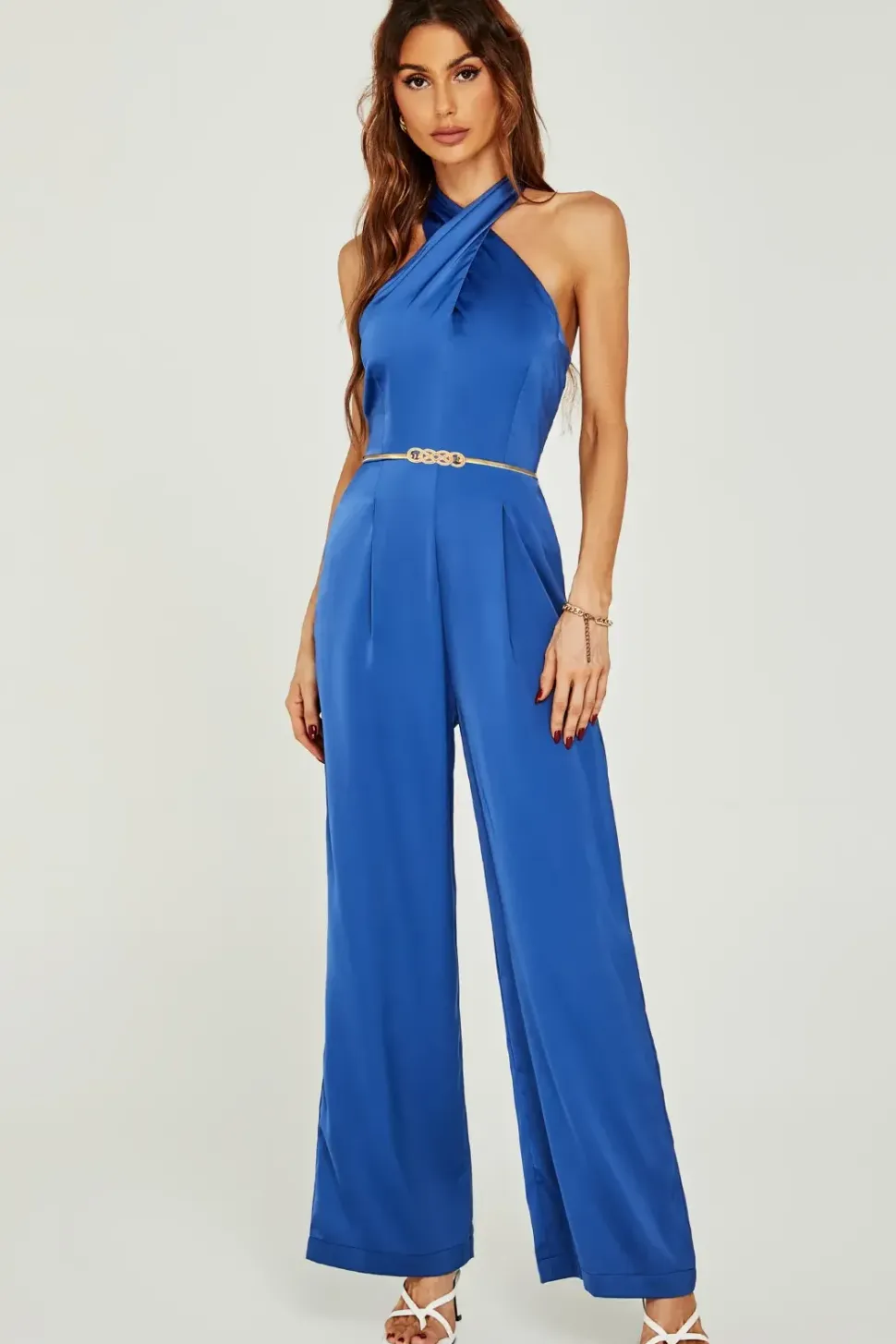 Satin Halter Neck Back Detail Jumpsuit In Blue