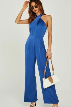 Satin Halter Neck Back Detail Jumpsuit In Blue