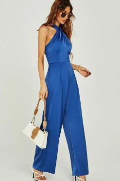 Satin Halter Neck Back Detail Jumpsuit In Blue