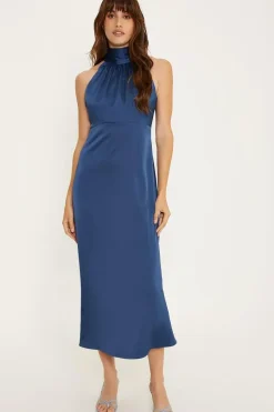 Satin Halter Neck Midi Bridesmaids Dress
