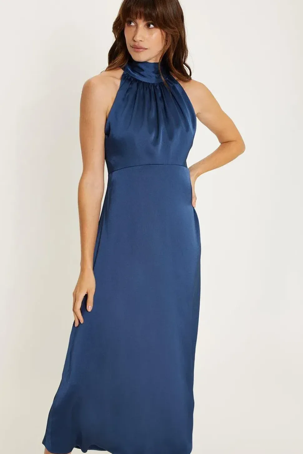 Satin Halter Neck Midi Bridesmaids Dress