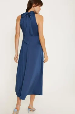 Satin Halter Neck Midi Bridesmaids Dress