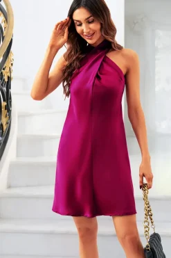Satin Halter Neck Mini Dress In Fuchsia