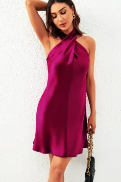 Satin Halter Neck Mini Dress In Fuchsia