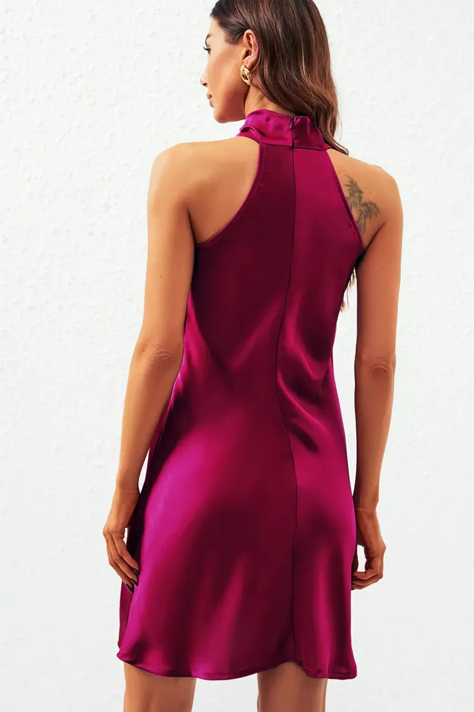 Satin Halter Neck Mini Dress In Fuchsia