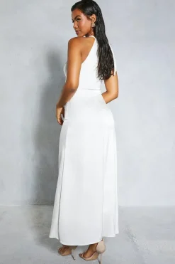Satin Halterneck Ruched Front Maxi Dress