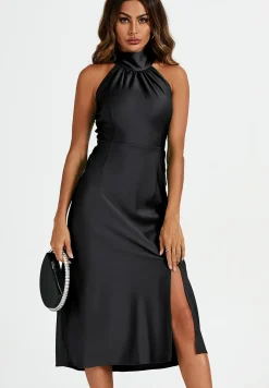 Satin Halter Neck Tie Back Cut Detail Split Midi Dress In Black