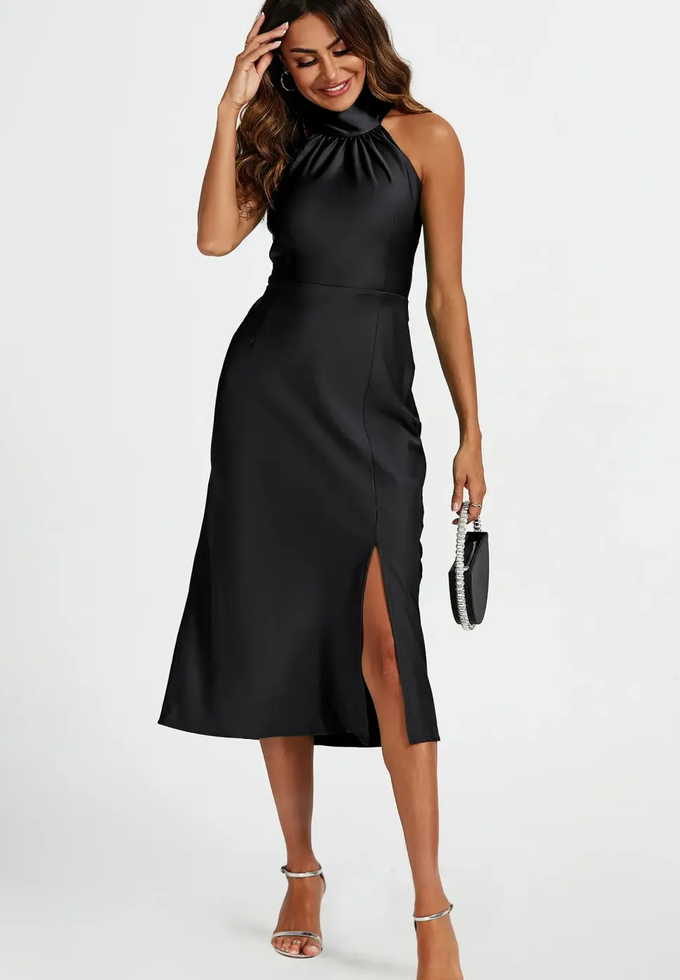 Satin Halter Neck Tie Back Cut Detail Split Midi Dress In Black