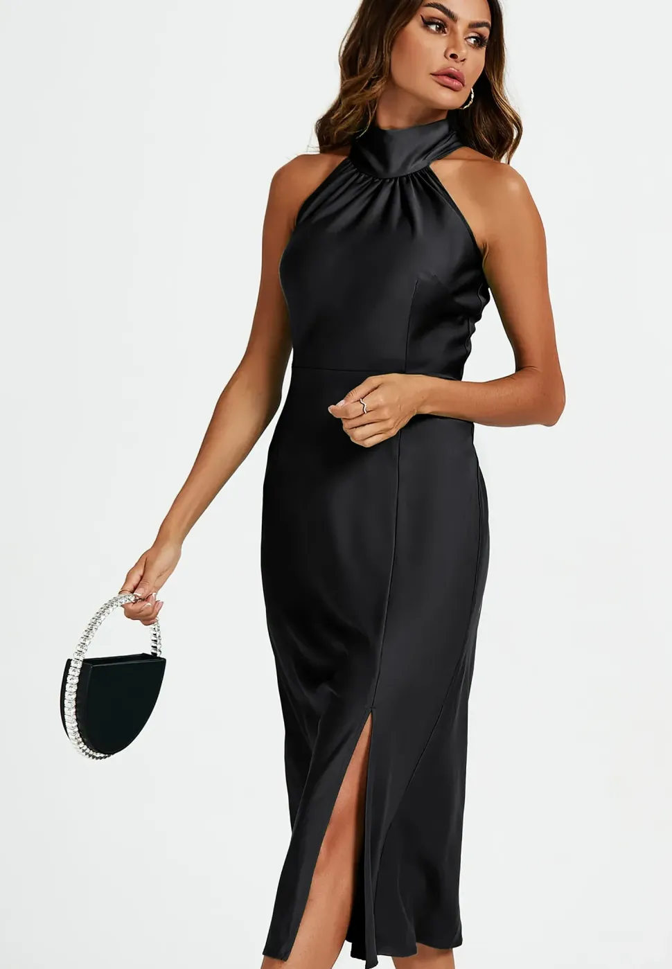 Satin Halter Neck Tie Back Cut Detail Split Midi Dress In Black