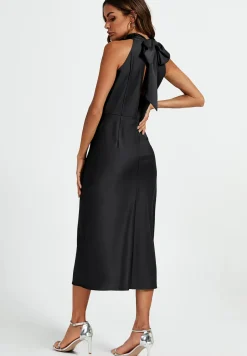 Satin Halter Neck Tie Back Cut Detail Split Midi Dress In Black