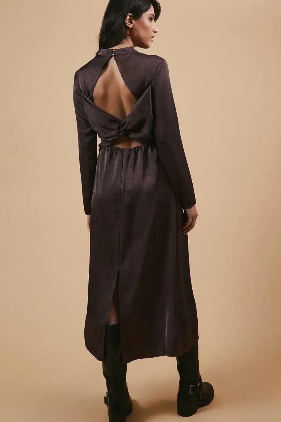 Satin High Neck Twist Back Midi Dress