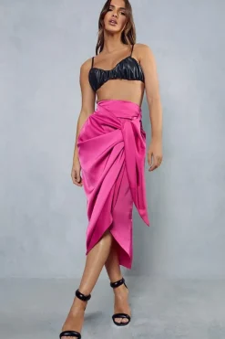Satin High Waisted Wrap Midi Skirt