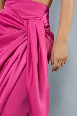 Satin High Waisted Wrap Midi Skirt